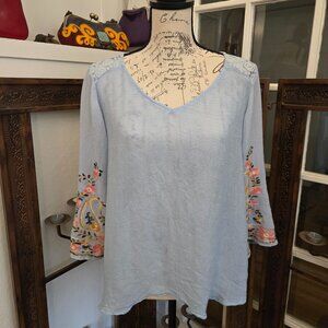 fig and flower Embroidered Boho Bell Sleeve Blouse, Sz XL